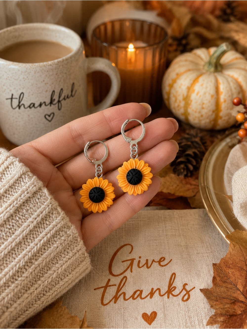 Handmade Yellow Sunflower Hoop Earrings - Charming Autumn Jewelry